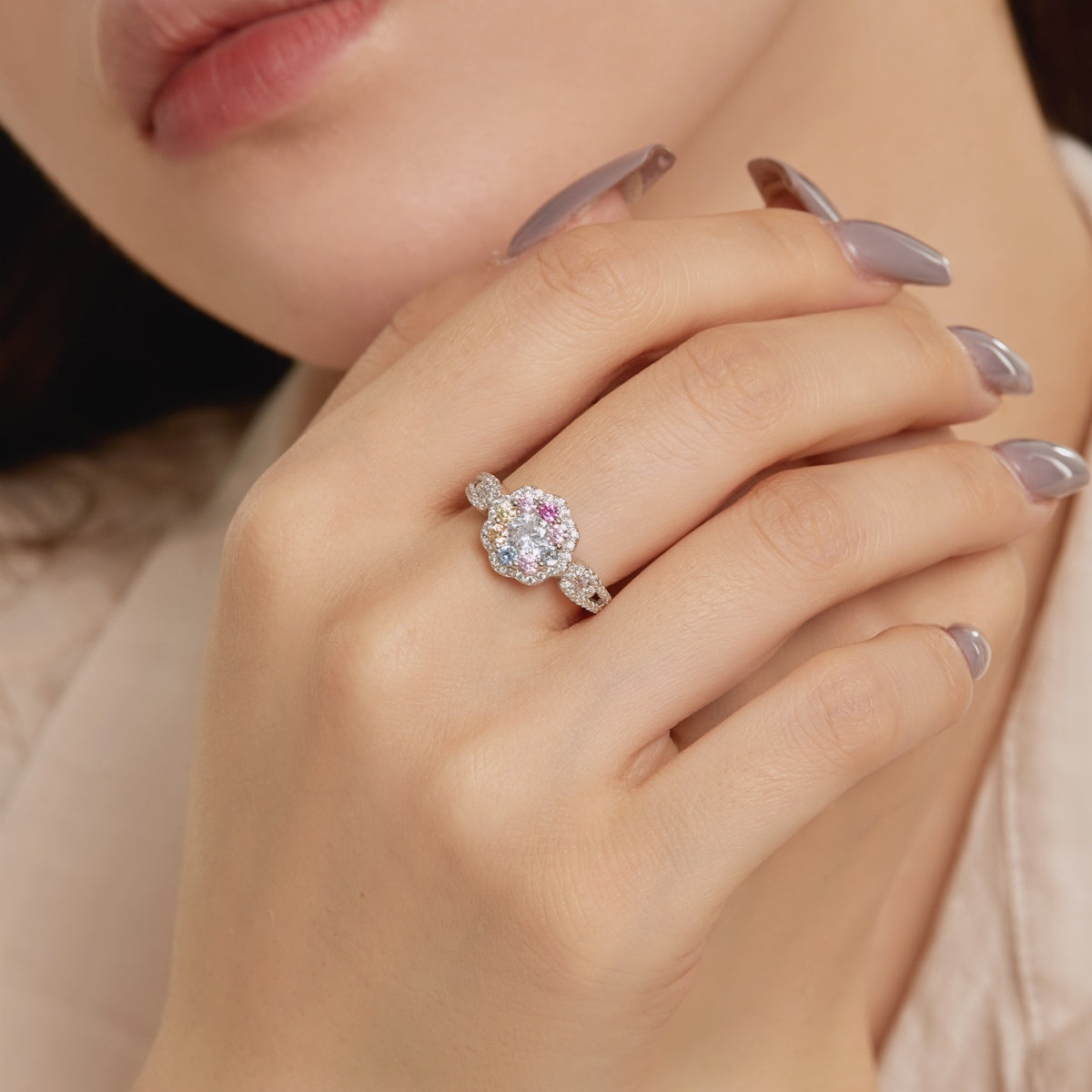 [Vivid Aurora]Delicate Colorful Round Cut Flower Shape Wedding Ring